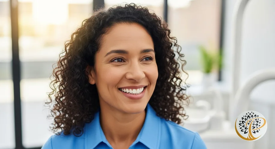 Confident patient smiling happily in a modern dental office after treatment.
