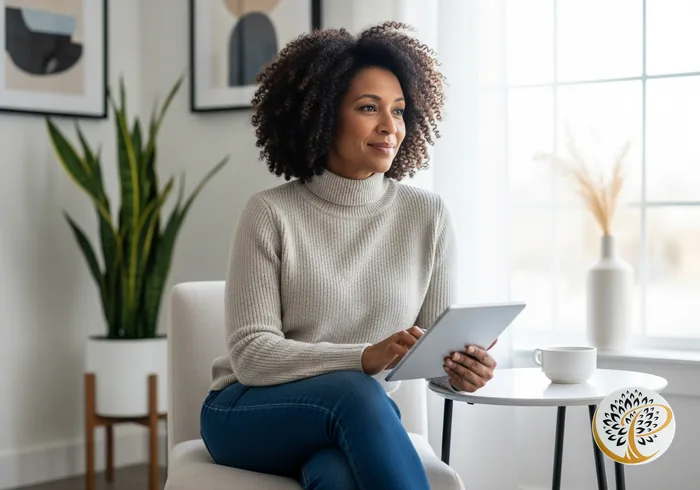 A confident person smiles while reviewing information on a tablet in a modern home.