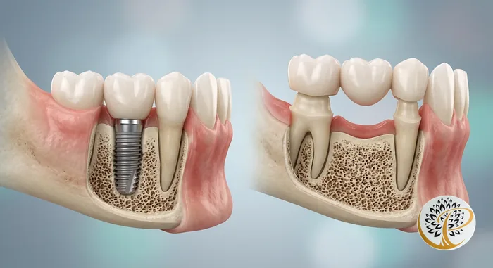 3D comparison of dental implant integrated in jawbone versus traditional bridge.