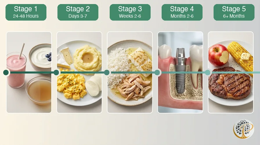 Five-stage timeline showing foods to eat after dental implant surgery from 24 hours through 6 months