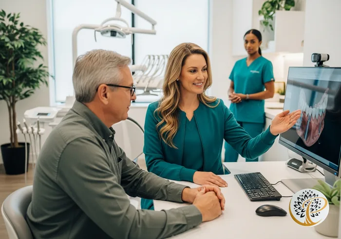 Periodontist and patient discuss a detailed dental implant treatment plan.