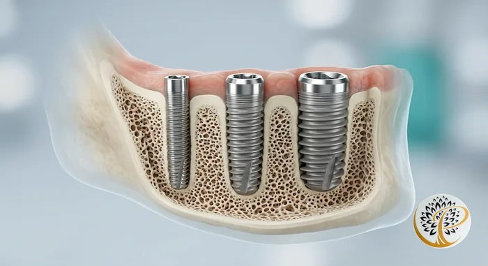 Three distinct dental implant types embedded in a simplified jawbone.