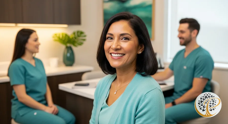 Smiling woman in modern dental office, confident after long-lasting dental implants.