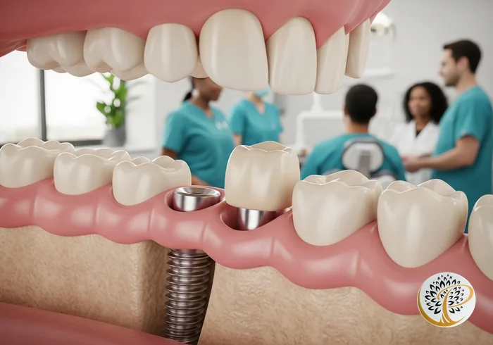 Healthy dental implant integrated into jawbone, illustrating long-term stability and success.