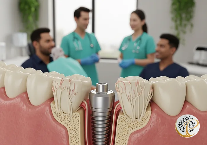 Dental implant integrating with jawbone, illustrating osseointegration for long-term success.