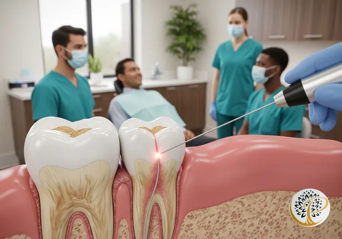 3D illustration showing LANAP laser precisely treating diseased gum tissue around a tooth.