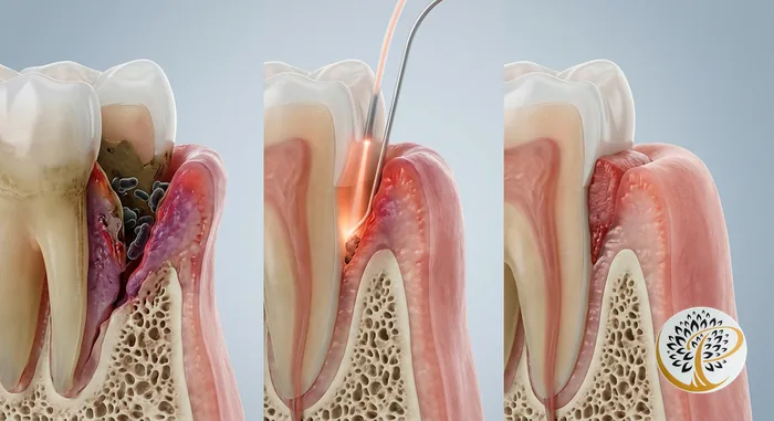 3D visualization of LANAP laser gum treatment process, showing diseased to healing gum.