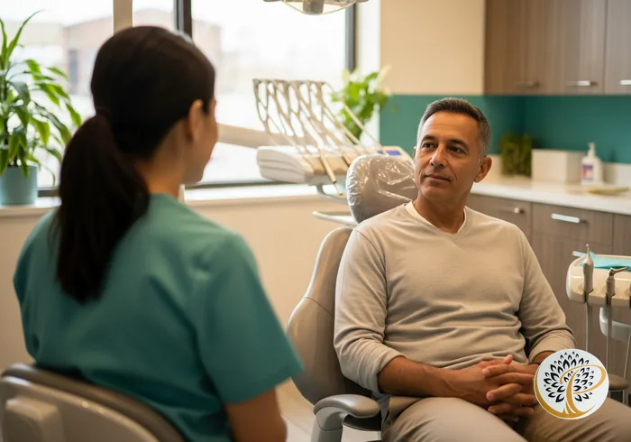 Patient discussing LANAP gum treatment qualifications with a periodontist in Frisco.