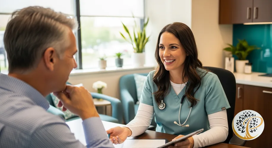 Periodontist consulting male patient about same-day dental implants in a modern office.