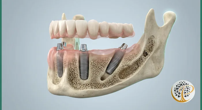 3D visualization of All-on-4 dental implants in a jawbone with prosthetic arch.