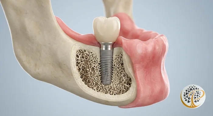 3D visualization of a same-day dental implant with temporary crown in jawbone.