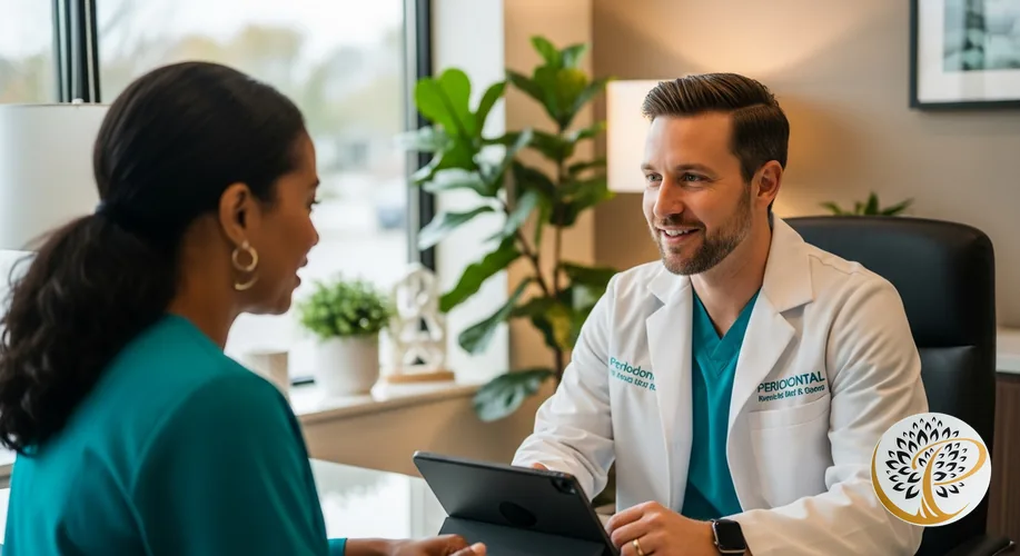 Periodontist Dr. Parachuru consulting patient about dental implant and bridge options.