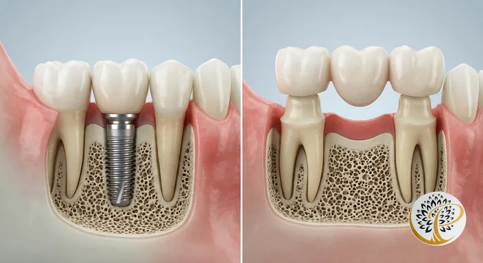 Visual comparison: single tooth dental implant versus a traditional dental bridge.