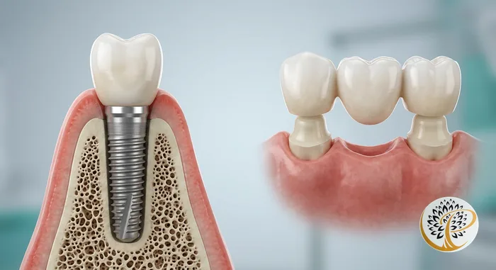 Dental implant and bridge comparison showing maintenance differences for oral hygiene.