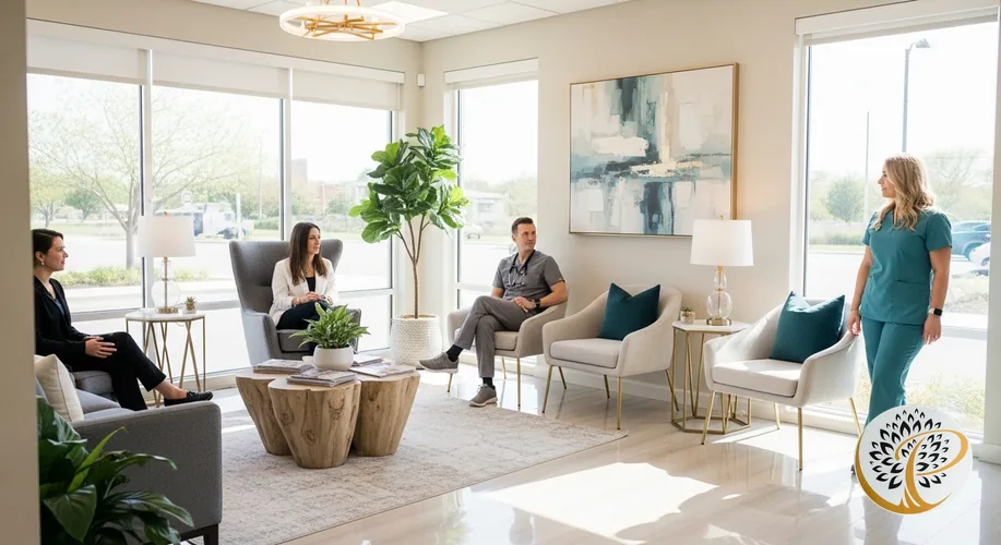 Welcoming modern periodontal office waiting area for dental implant patients.