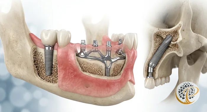 Detailed 3D visualization showing endosteal, subperiosteal, and zygomatic dental implants.