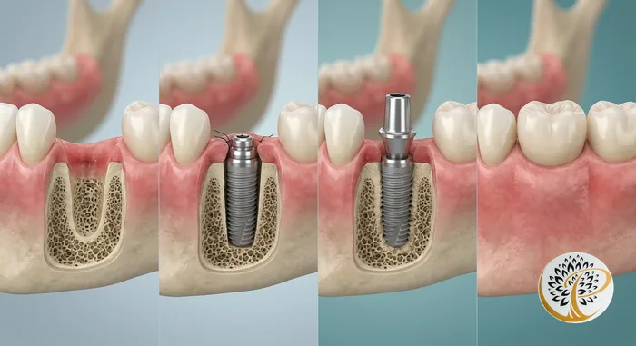 Detailed visualization of the dental implant process stages from implant placement to crown.
