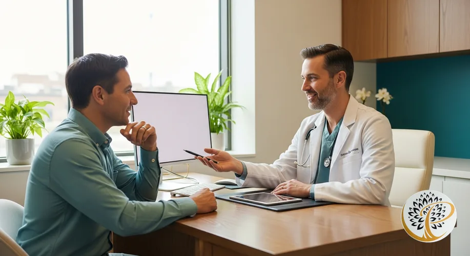 Dentist discussing All-on-4 dental implant candidacy with patient in modern office.