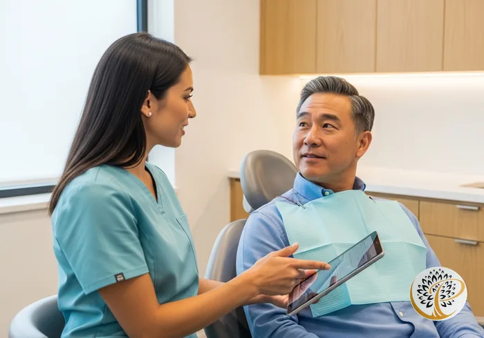 Patient discusses All-on-4 dental implant candidacy with a periodontist.