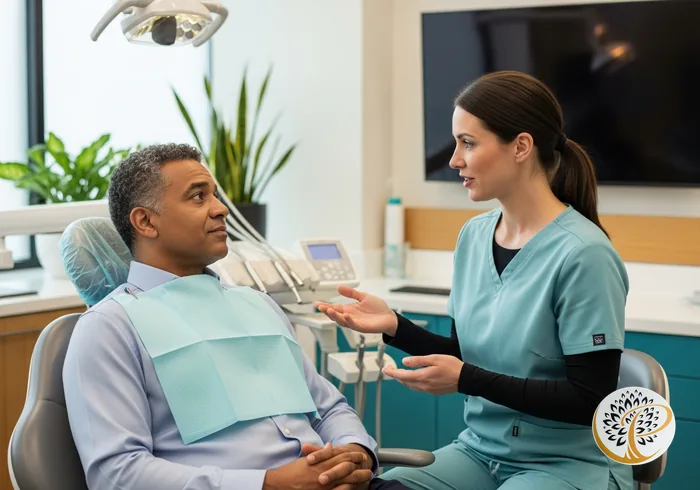 Patient and clinician discuss All-on-4 candidacy regarding bone loss.