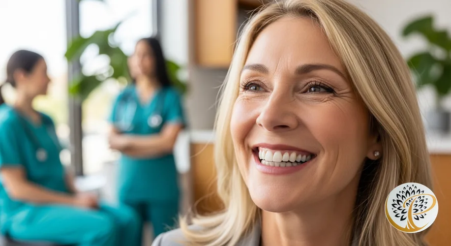 Confident woman smiles brightly after receiving All-on-4 dental implants.