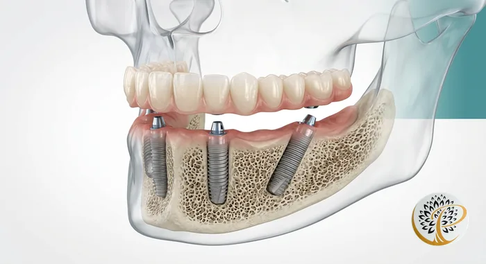 3D visualization of All-on-4 dental implants supporting a full arch bridge in the upper jaw.