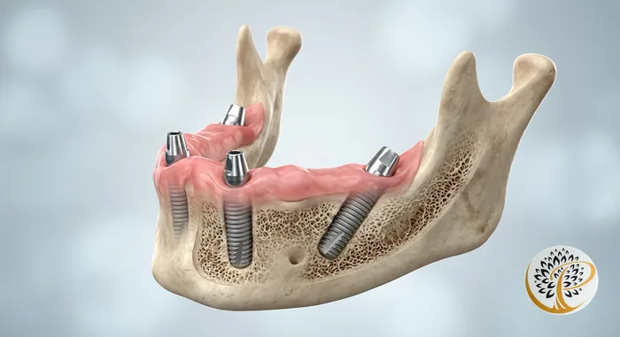 Four dental implants strategically placed in lower jawbone for All-on-4 procedure.