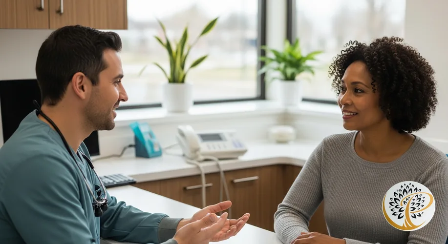 Clinician and patient discussing dental implant success rates in a modern office.