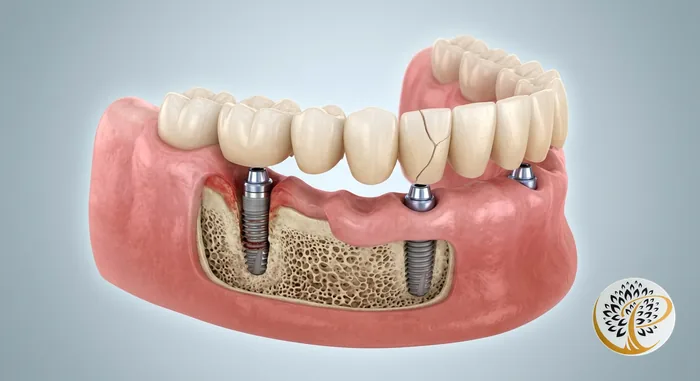 3D visualization showing All-on-4 dental implant failures: bone loss and prosthetic fracture.