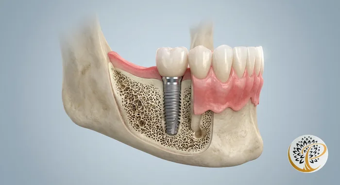 Healthy dental implant integrated into jawbone with natural crown and gum tissue.