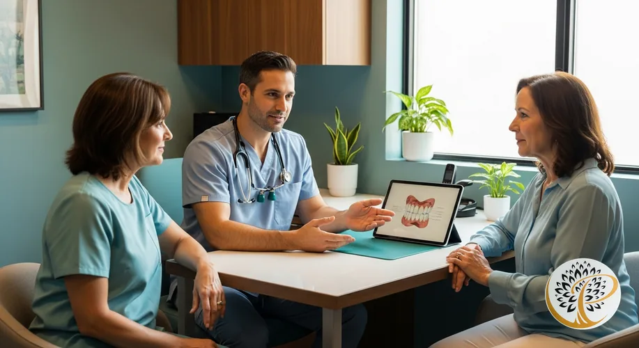 Patient discusses full arch dental implant options with periodontist.