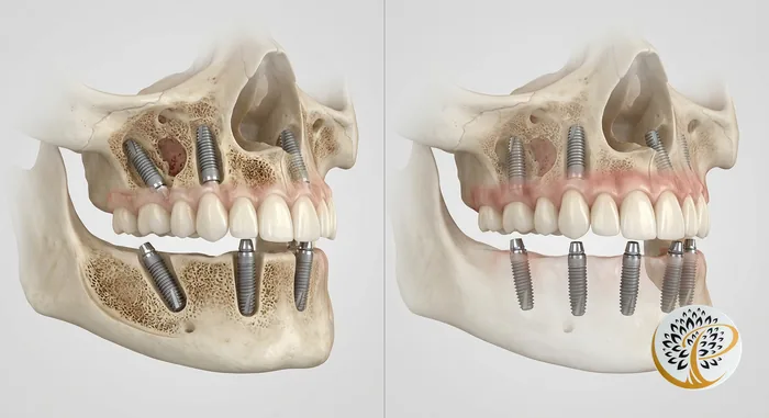 3D comparison of All-on-4 vs. All-on-6 dental implant solutions in jawbone.