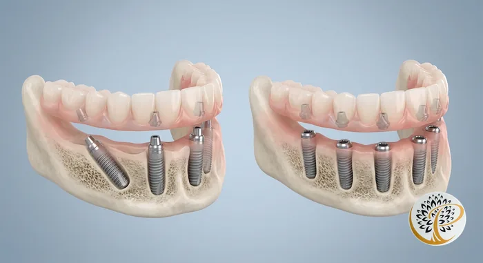 3D visualization comparing All-on-4 vs All-on-6 dental implant configurations in a jawbone.