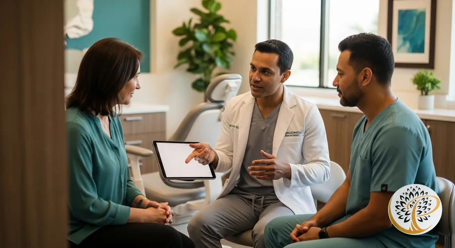 Periodontist discussing bone grafting options with a patient in a modern dental office.