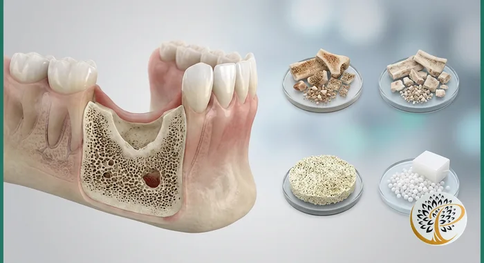 Detailed illustration showing four distinct types of bone graft materials for dental implants.