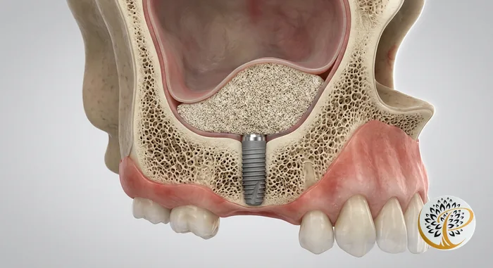 3D visualization of a sinus lift procedure, showing bone graft and dental implant in maxilla.