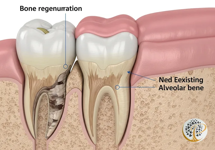 3D visualization showing regenerated bone around a molar tooth after periodontal treatment.