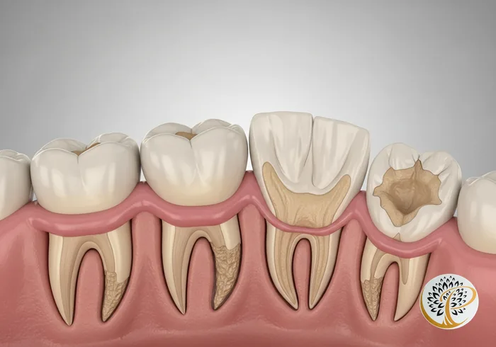 3D visualization showing various periodontal bone defects around human teeth.