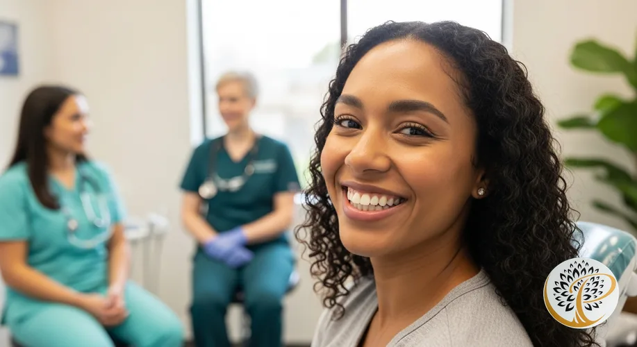 Patient smiling confidently, showcasing healthy teeth and a balanced gum line.