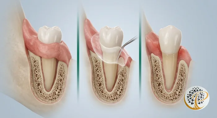 3D visualization of crown lengthening procedure, reshaping gum and bone around a tooth.