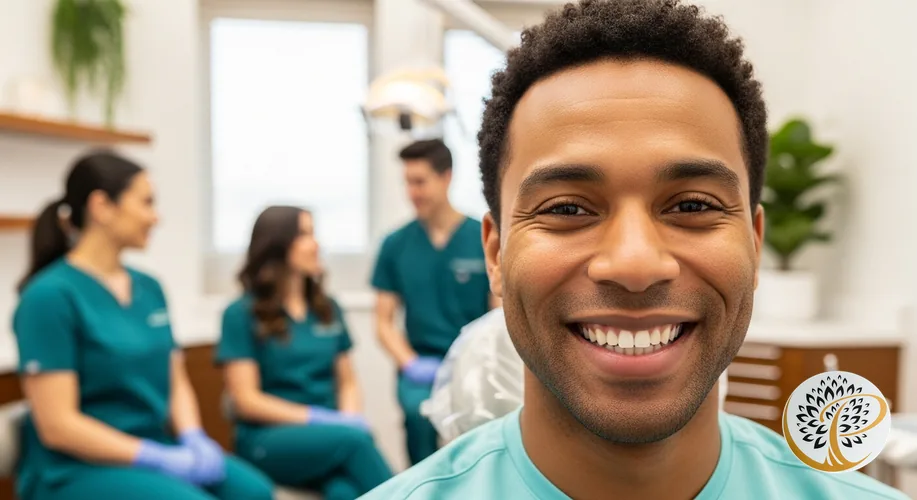 Patient smiling confidently, showing healthy gums and teeth, in a modern dental office.