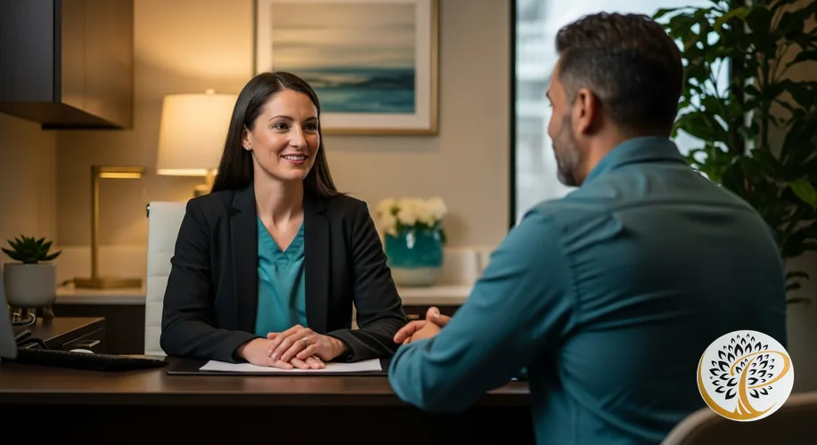 Periodontist consulting male patient about gum health in a modern office.