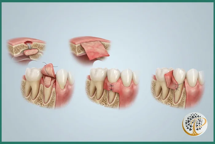 3D medical illustration showing connective tissue, free gingival, and pedicle gum grafts.