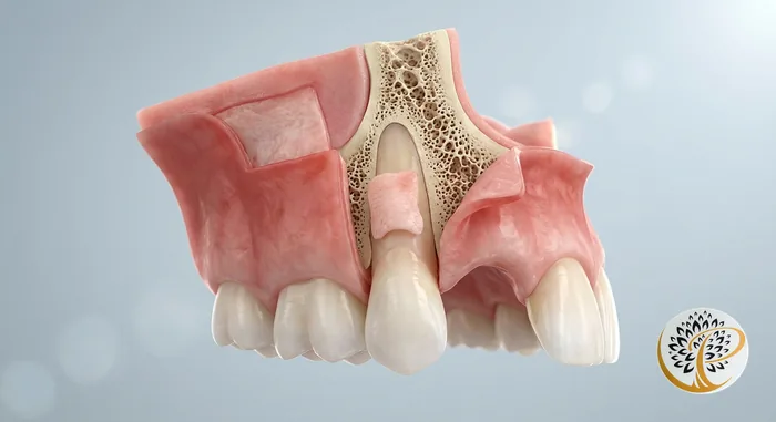Detailed 3D visualization of a connective tissue gum graft procedure.