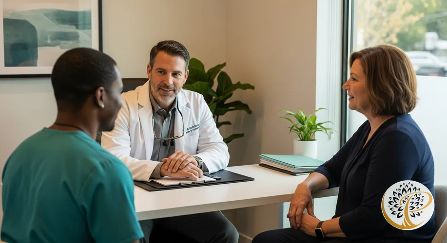 Periodontist consults warmly with a female patient about advanced gum care.