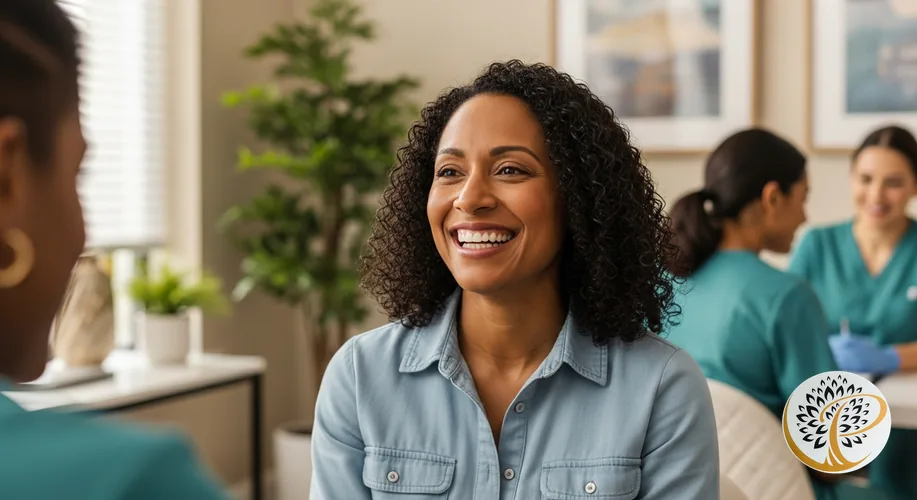 Confident woman smiling, showcasing healthy gums and successful LANAP treatment.