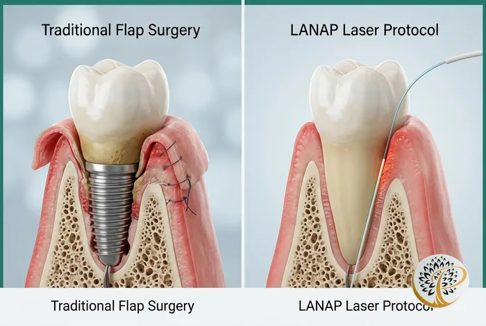 Comparison of LANAP laser gum treatment and traditional flap surgery methods.