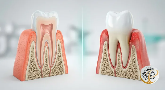 Comparison of healthy gum and bone versus recurring periodontitis after treatment.