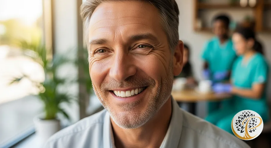 Patient smiling confidently after All-on-4 dental implant treatment.