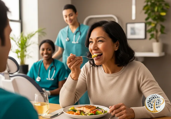 Happy patient confidently enjoying a healthy meal after All-on-4 dental implants.